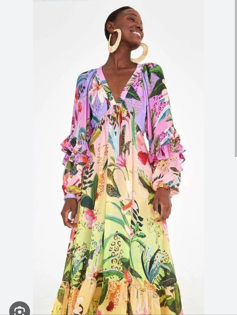 Farm Rio Amazonian Ombre Maxi Dress Ruffle Sleeve Tropical Size S